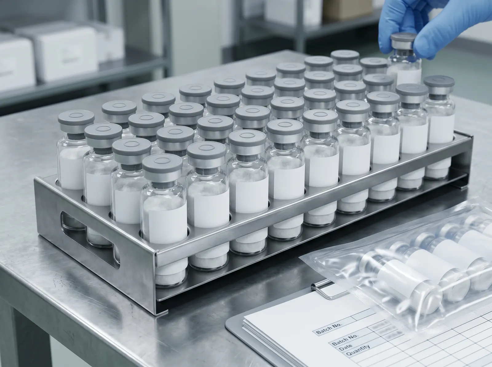 Labeled lyophilized peptide vials staged for catalog supply