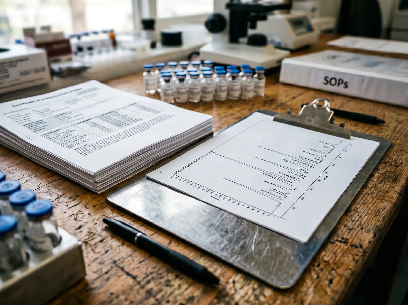 Batch documentation packet and chromatogram on a supply desk
