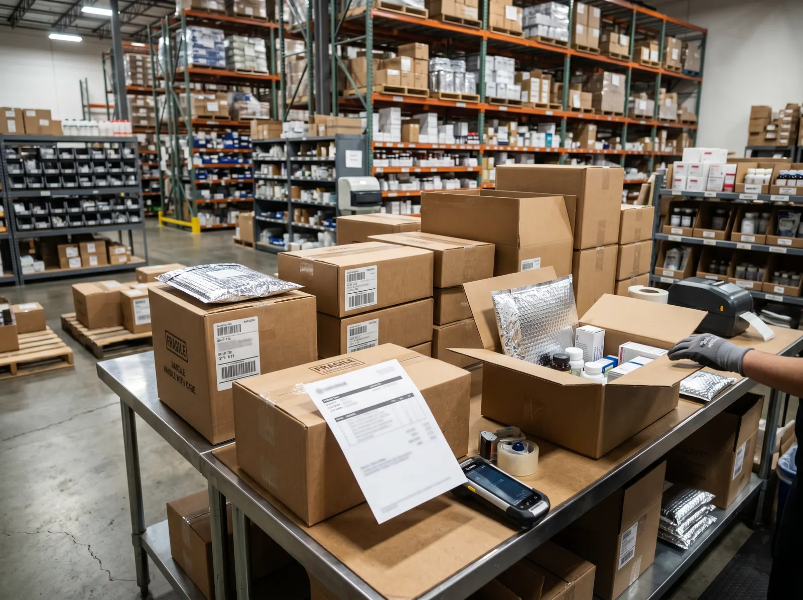 Wholesale fulfillment staging area with cases ready for distributor pickup